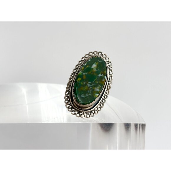 Beau Sterling Green Jasper Lace Framed 925 Sterling Silver Vintage Ring - sz 7 - Picture 3 of 15